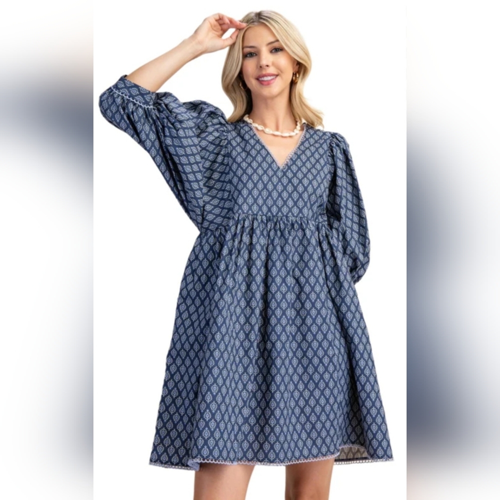 GiGio Blue Medallion Puff Sleeve Babydoll Mini Dress Lace Trim - Size Small EUC